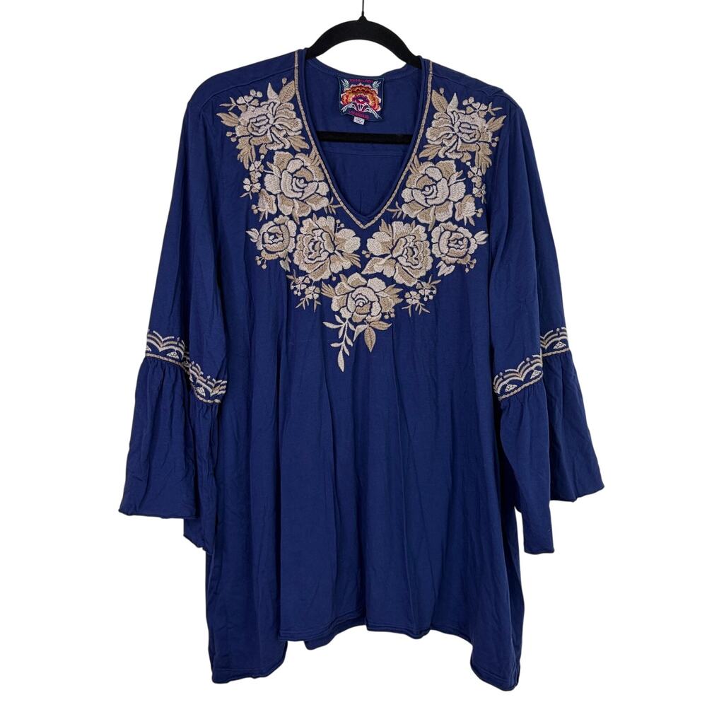 Johnny Was blue floral embroidered tunic top size 3X, bell sleeve, boho, casual